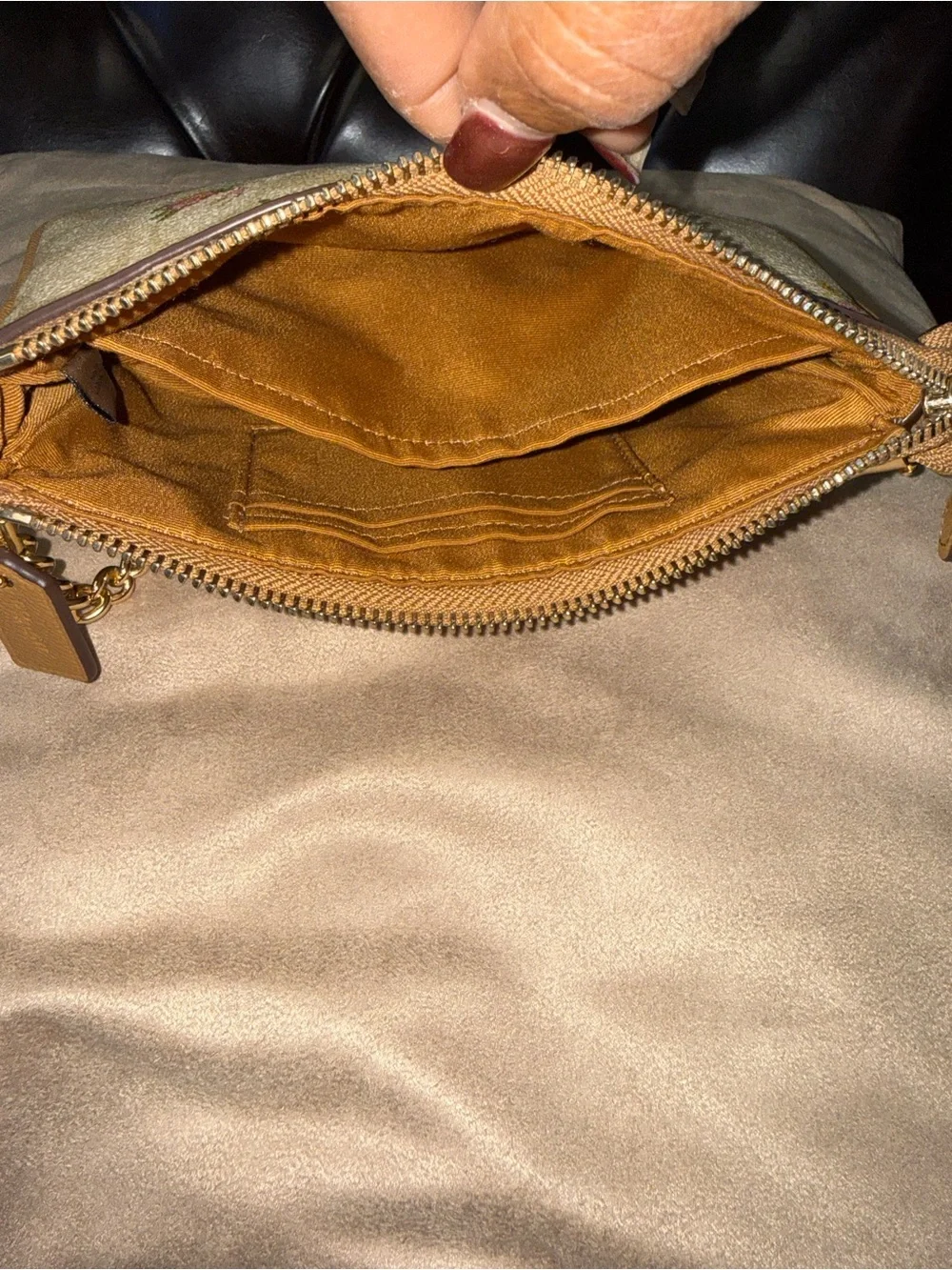 COACH SAND FLORAL SIGNATURE COATED CANVAS MINI POCHETTE/WRISTLET/GOLD HARDWARE